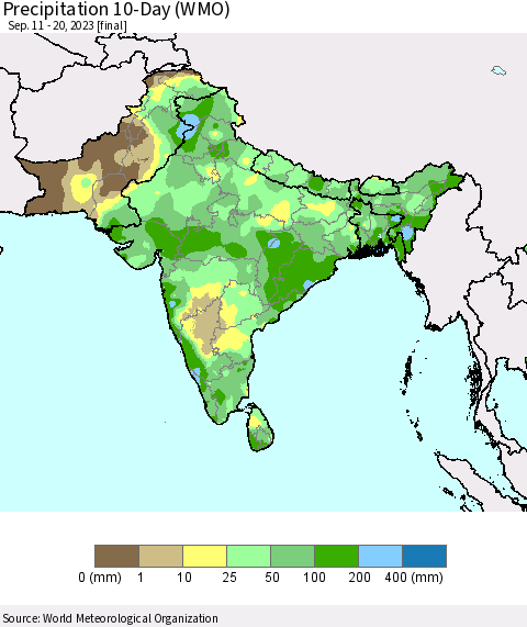 Southern Asia Precipitation 10-Day (WMO) Thematic Map For 9/11/2023 - 9/20/2023