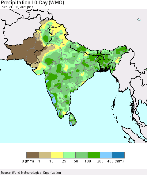 Southern Asia Precipitation 10-Day (WMO) Thematic Map For 9/21/2023 - 9/30/2023