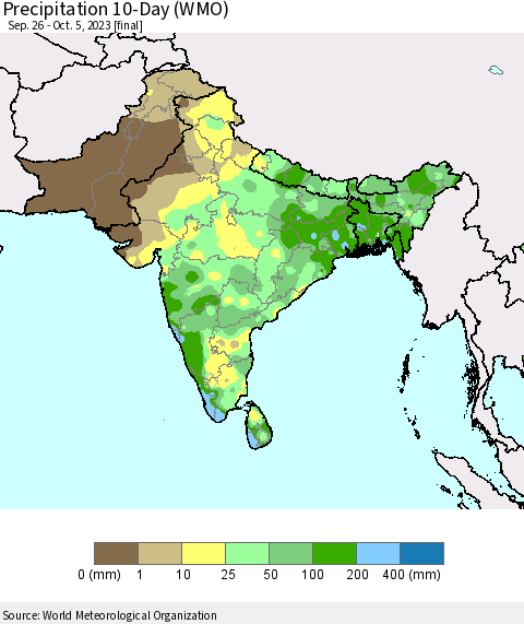 Southern Asia Precipitation 10-Day (WMO) Thematic Map For 9/26/2023 - 10/5/2023