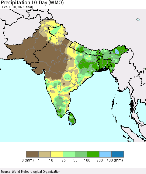 Southern Asia Precipitation 10-Day (WMO) Thematic Map For 10/1/2023 - 10/10/2023