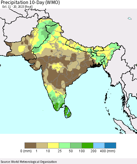 Southern Asia Precipitation 10-Day (WMO) Thematic Map For 10/11/2023 - 10/20/2023