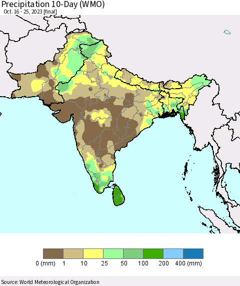 Southern Asia Precipitation 10-Day (WMO) Thematic Map For 10/16/2023 - 10/25/2023