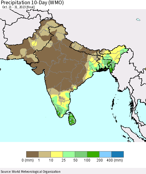 Southern Asia Precipitation 10-Day (WMO) Thematic Map For 10/21/2023 - 10/31/2023