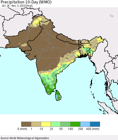 Southern Asia Precipitation 10-Day (WMO) Thematic Map For 10/26/2023 - 11/5/2023
