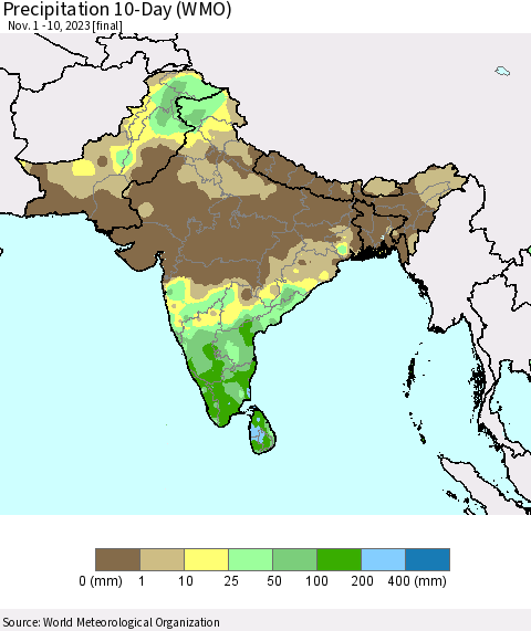 Southern Asia Precipitation 10-Day (WMO) Thematic Map For 11/1/2023 - 11/10/2023