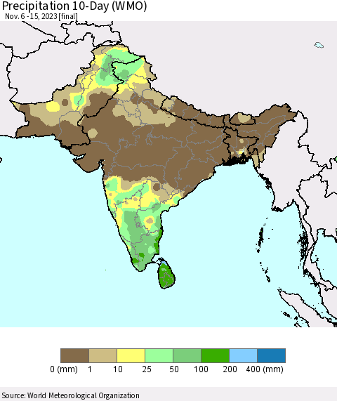 Southern Asia Precipitation 10-Day (WMO) Thematic Map For 11/6/2023 - 11/15/2023