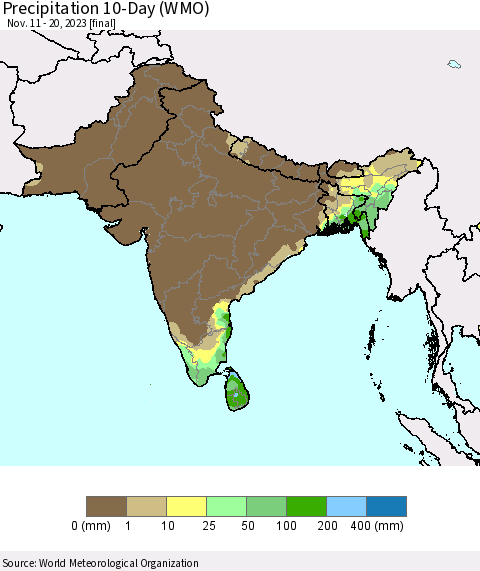 Southern Asia Precipitation 10-Day (WMO) Thematic Map For 11/11/2023 - 11/20/2023