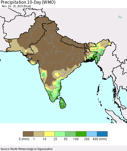 Southern Asia Precipitation 10-Day (WMO) Thematic Map For 11/16/2023 - 11/25/2023