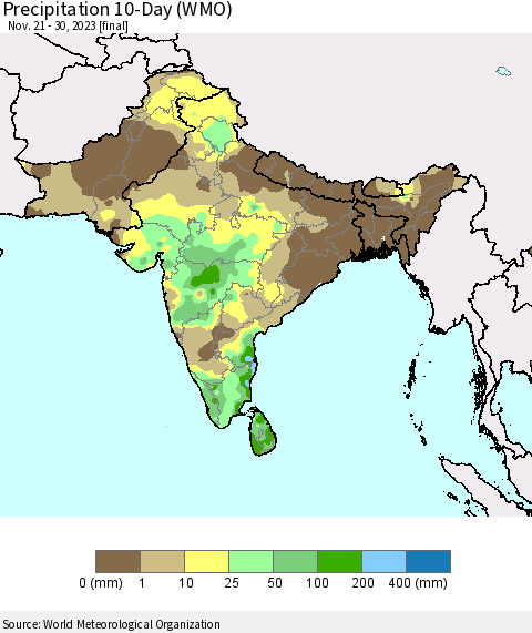 Southern Asia Precipitation 10-Day (WMO) Thematic Map For 11/21/2023 - 11/30/2023