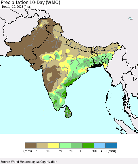 Southern Asia Precipitation 10-Day (WMO) Thematic Map For 12/1/2023 - 12/10/2023