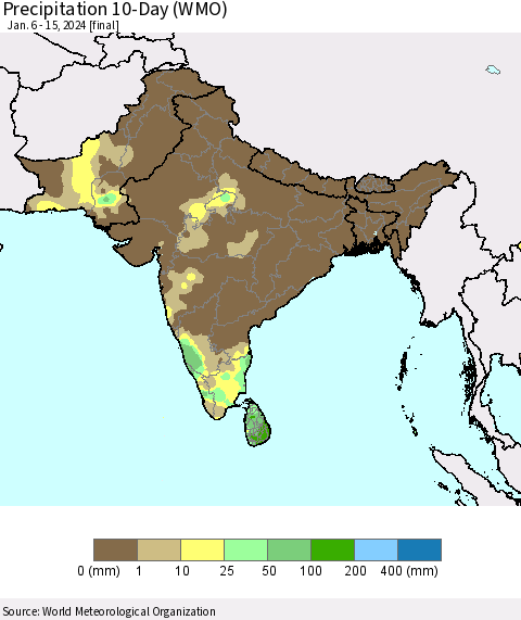 Southern Asia Precipitation 10-Day (WMO) Thematic Map For 1/6/2024 - 1/15/2024