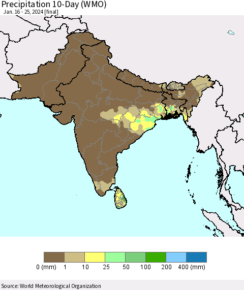 Southern Asia Precipitation 10-Day (WMO) Thematic Map For 1/16/2024 - 1/25/2024