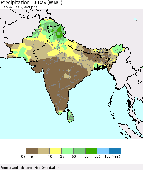 Southern Asia Precipitation 10-Day (WMO) Thematic Map For 1/26/2024 - 2/5/2024