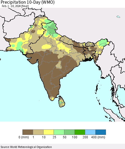 Southern Asia Precipitation 10-Day (WMO) Thematic Map For 2/1/2024 - 2/10/2024