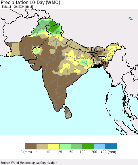Southern Asia Precipitation 10-Day (WMO) Thematic Map For 2/11/2024 - 2/20/2024
