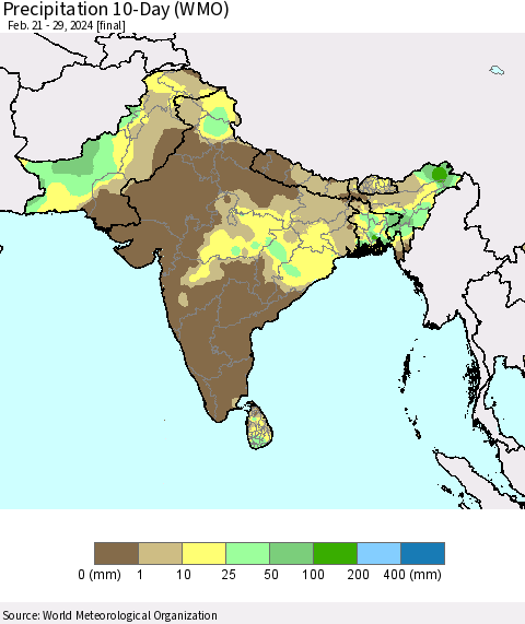 Southern Asia Precipitation 10-Day (WMO) Thematic Map For 2/21/2024 - 2/29/2024