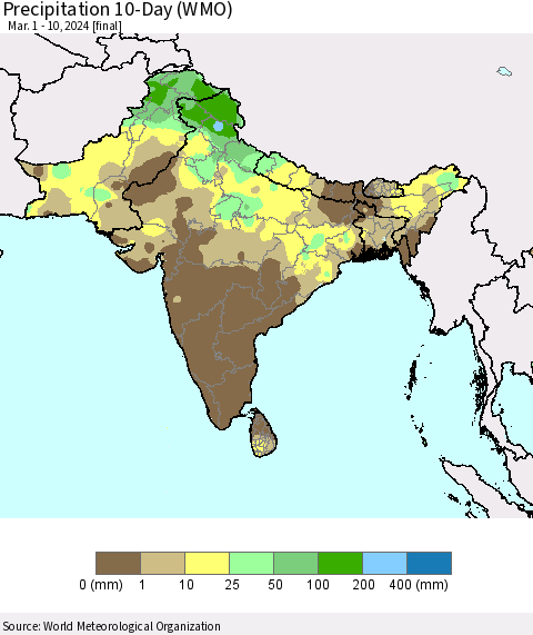 Southern Asia Precipitation 10-Day (WMO) Thematic Map For 3/1/2024 - 3/10/2024