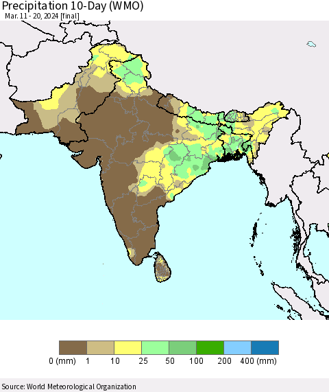 Southern Asia Precipitation 10-Day (WMO) Thematic Map For 3/11/2024 - 3/20/2024
