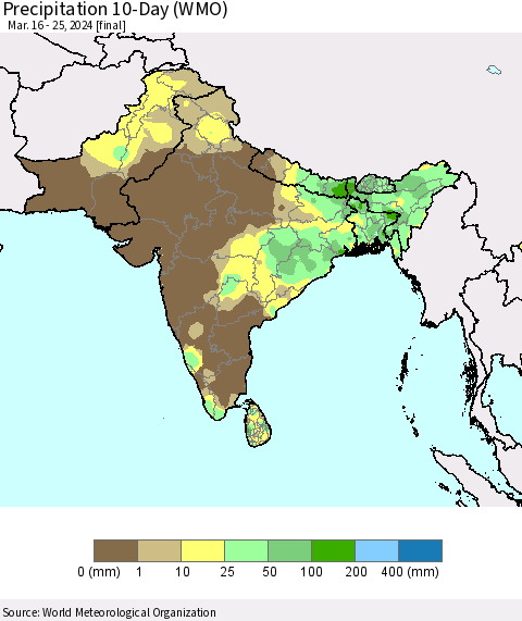 Southern Asia Precipitation 10-Day (WMO) Thematic Map For 3/16/2024 - 3/25/2024