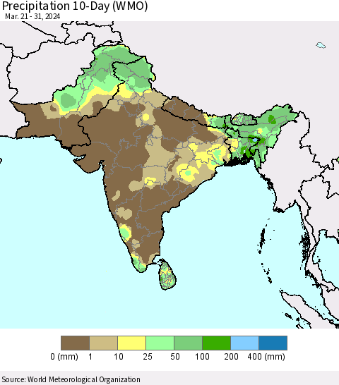Southern Asia Precipitation 10-Day (WMO) Thematic Map For 3/21/2024 - 3/31/2024