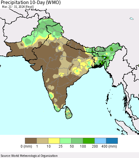 Southern Asia Precipitation 10-Day (WMO) Thematic Map For 3/21/2024 - 3/31/2024