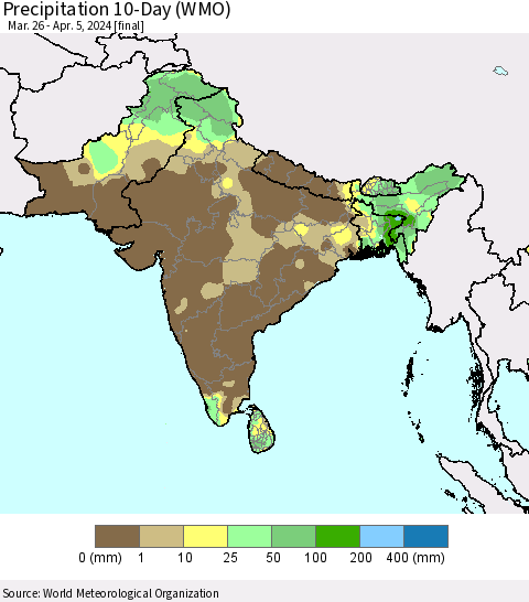 Southern Asia Precipitation 10-Day (WMO) Thematic Map For 3/26/2024 - 4/5/2024