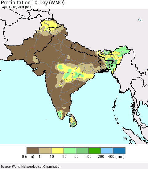 Southern Asia Precipitation 10-Day (WMO) Thematic Map For 4/1/2024 - 4/10/2024