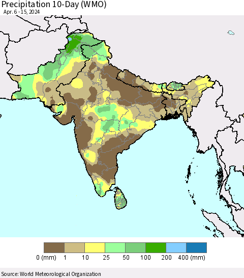 Southern Asia Precipitation 10-Day (WMO) Thematic Map For 4/6/2024 - 4/15/2024