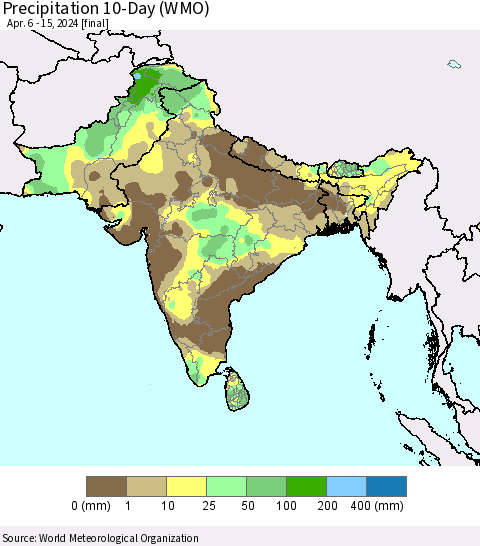Southern Asia Precipitation 10-Day (WMO) Thematic Map For 4/6/2024 - 4/15/2024