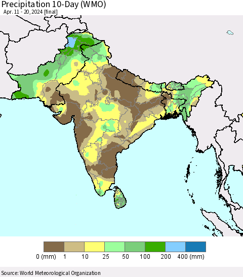 Southern Asia Precipitation 10-Day (WMO) Thematic Map For 4/11/2024 - 4/20/2024