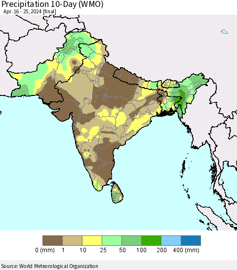 Southern Asia Precipitation 10-Day (WMO) Thematic Map For 4/16/2024 - 4/25/2024