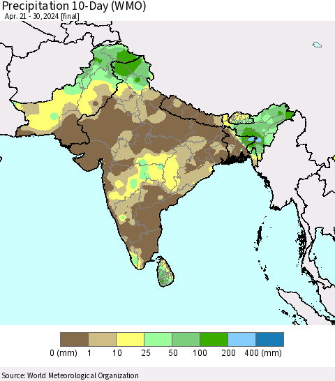 Southern Asia Precipitation 10-Day (WMO) Thematic Map For 4/21/2024 - 4/30/2024