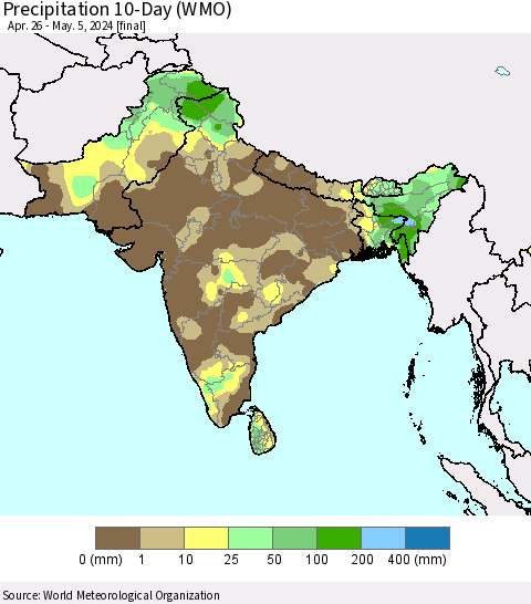 Southern Asia Precipitation 10-Day (WMO) Thematic Map For 4/26/2024 - 5/5/2024
