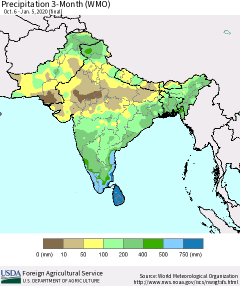 Southern Asia Precipitation 3-Month (WMO) Thematic Map For 10/6/2019 - 1/5/2020