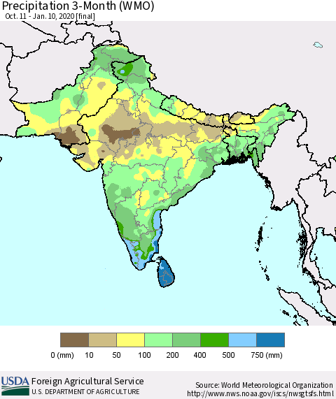 Southern Asia Precipitation 3-Month (WMO) Thematic Map For 10/11/2019 - 1/10/2020