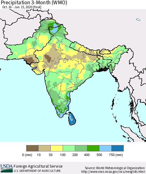 Southern Asia Precipitation 3-Month (WMO) Thematic Map For 10/16/2019 - 1/15/2020