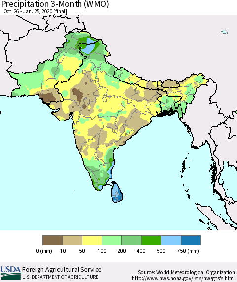 Southern Asia Precipitation 3-Month (WMO) Thematic Map For 10/26/2019 - 1/25/2020