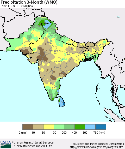 Southern Asia Precipitation 3-Month (WMO) Thematic Map For 11/1/2019 - 1/31/2020