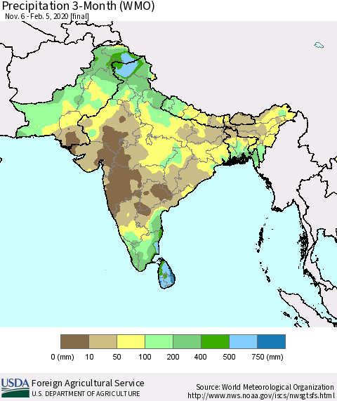 Southern Asia Precipitation 3-Month (WMO) Thematic Map For 11/6/2019 - 2/5/2020