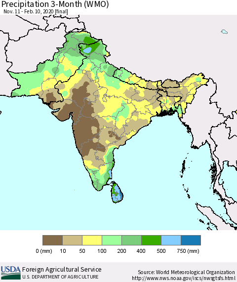 Southern Asia Precipitation 3-Month (WMO) Thematic Map For 11/11/2019 - 2/10/2020