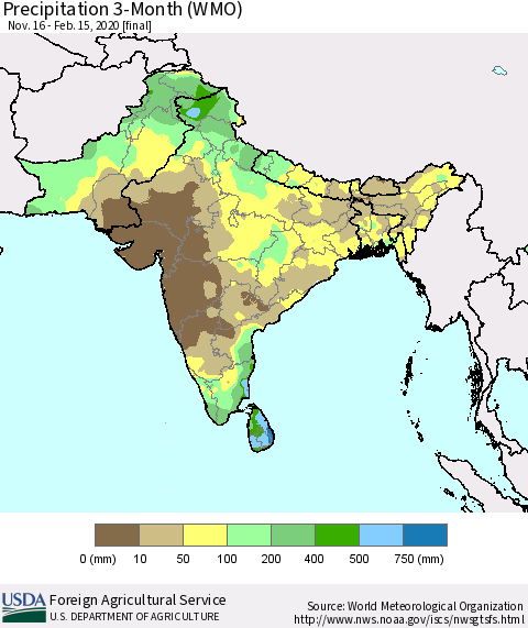 Southern Asia Precipitation 3-Month (WMO) Thematic Map For 11/16/2019 - 2/15/2020