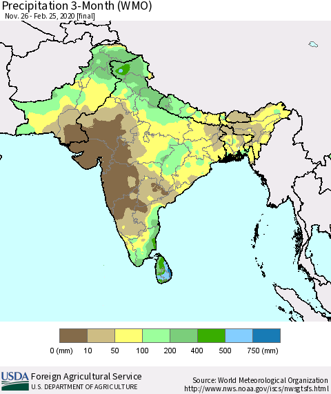 Southern Asia Precipitation 3-Month (WMO) Thematic Map For 11/26/2019 - 2/25/2020