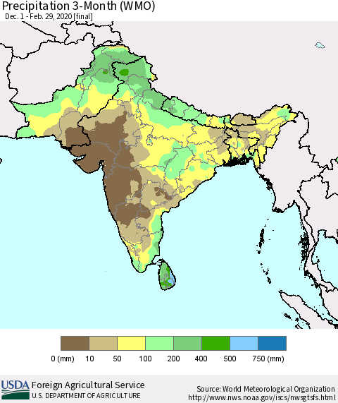 Southern Asia Precipitation 3-Month (WMO) Thematic Map For 12/1/2019 - 2/29/2020