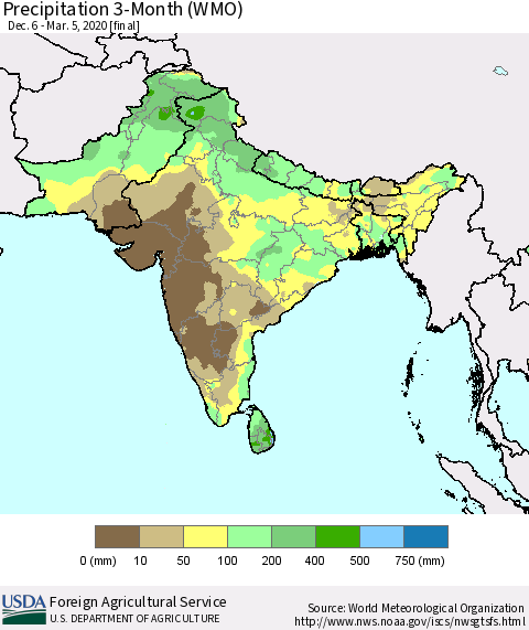 Southern Asia Precipitation 3-Month (WMO) Thematic Map For 12/6/2019 - 3/5/2020