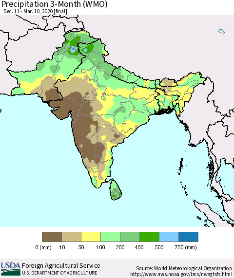 Southern Asia Precipitation 3-Month (WMO) Thematic Map For 12/11/2019 - 3/10/2020