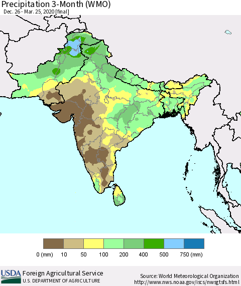 Southern Asia Precipitation 3-Month (WMO) Thematic Map For 12/26/2019 - 3/25/2020