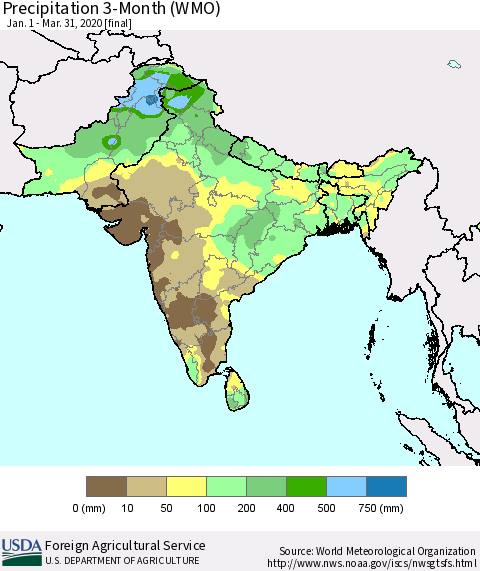 Southern Asia Precipitation 3-Month (WMO) Thematic Map For 1/1/2020 - 3/31/2020