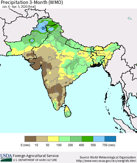 Southern Asia Precipitation 3-Month (WMO) Thematic Map For 1/6/2020 - 4/5/2020