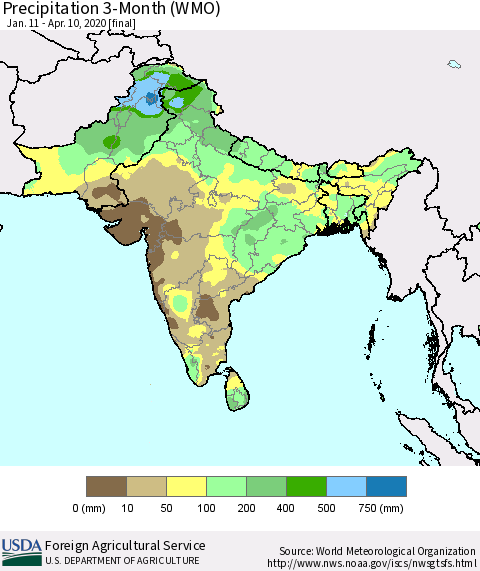 Southern Asia Precipitation 3-Month (WMO) Thematic Map For 1/11/2020 - 4/10/2020