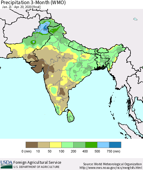 Southern Asia Precipitation 3-Month (WMO) Thematic Map For 1/21/2020 - 4/20/2020